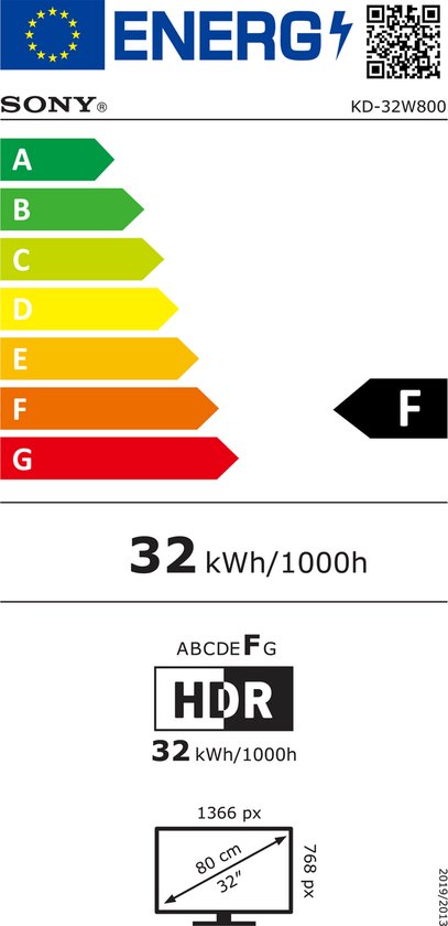 Energie-etiket van een Sony KD-32W800 TV, met energieklasse F.