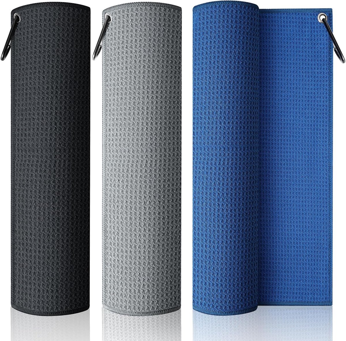 3-pack golfhanddoeken (40,6 x 40,6 cm) met karabijnhaakclip, microvezel golfhanddoeken voor heren, golftasaccessoires (grijs, blauw, zwart)