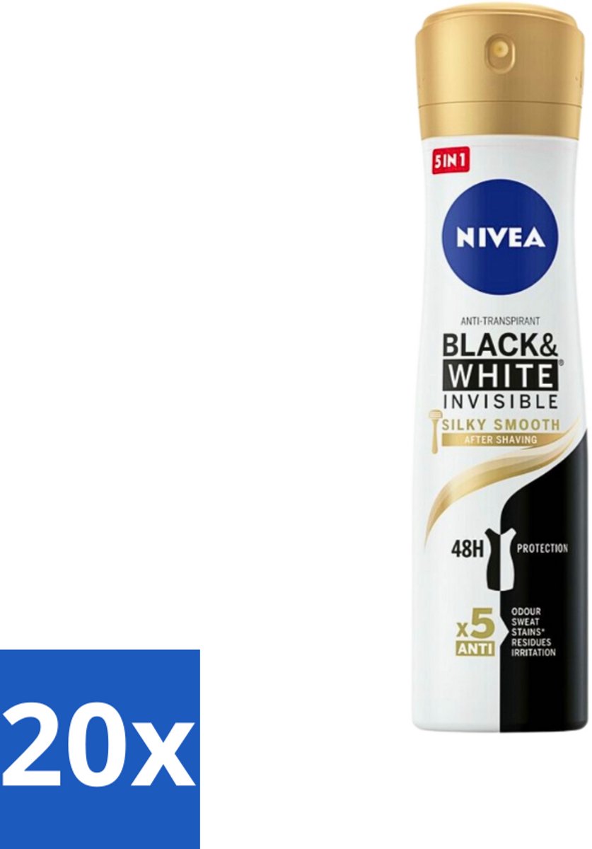 20 x Nivea - Deodorant - Spray - Black & White Invisible Silky Smooth - 150 ml - Voordeelverpakking - 20 stuks