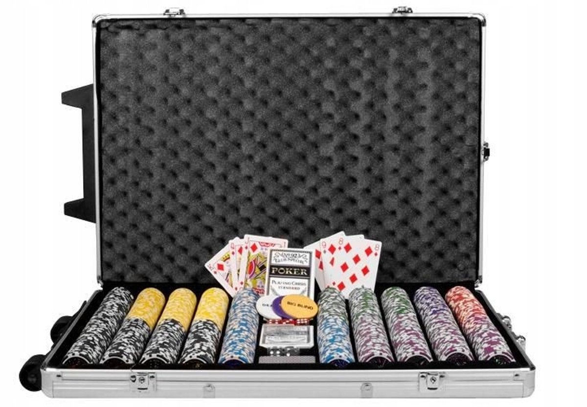 Poker set met 1000 fiches, kaarten en koffer op wielen