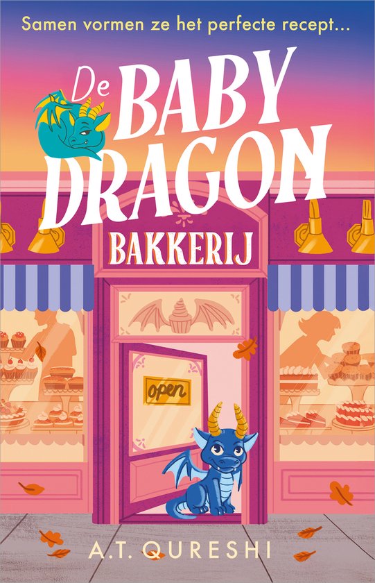 Boekomslag van "De Baby Dragon Bakkerij" met een schattige babydraak voor een roze bakkerij, onder de titel: Samen vormen ze het perfecte recept...