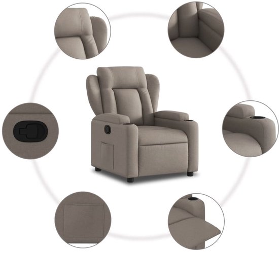 Overzicht van taupe fauteuil met gedetailleerde close-ups van functies.