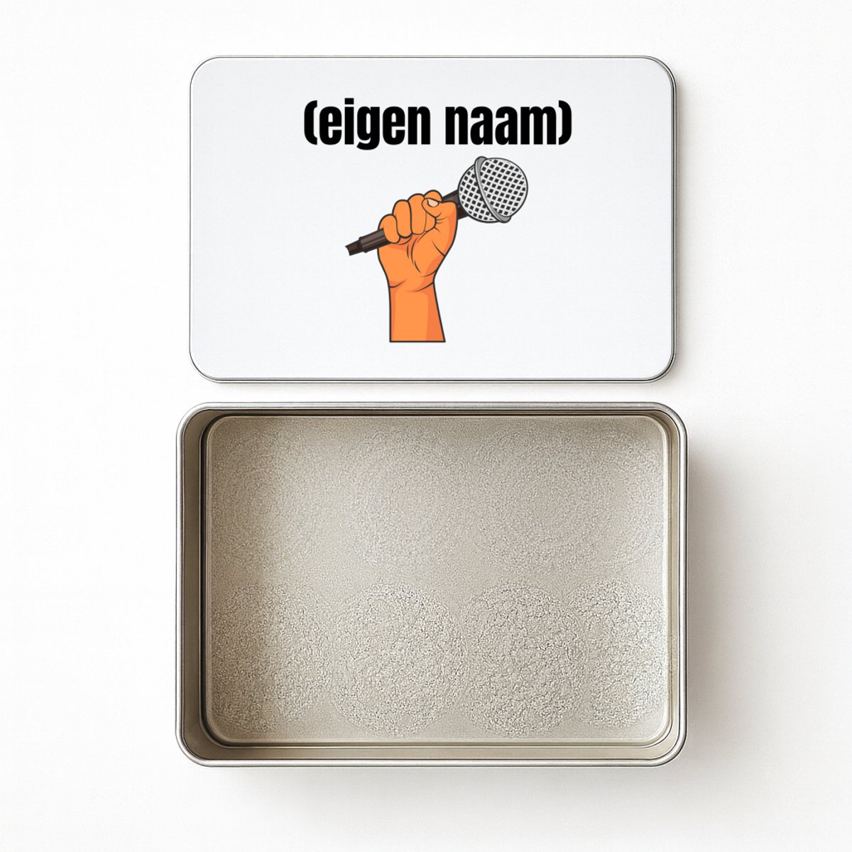 Hacebo® - microfoon met hand met eigen naam koektrommel rechthoekig - muziek liefhebbers - koekblik – koektrommels – bewaarblik - snoeptrommel - iemand die houdt van muziek - verjaardag - cadeau - kado - koek trommel - 20 x 13 CM