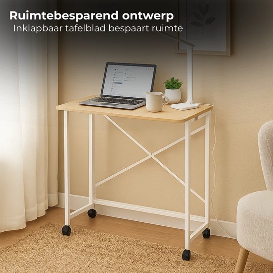 Lomera Inklapbare Wandtafel - Inklapbare Tafel - Draagbare Tafel - Wit Metaal - Met Wielen - Tafelblad Met Afgeronde Hoeken - Multifunctionele Tafel - Bijzettafel - Mobiele Tafel - Haltafel - Laptop Tafel - Vouwtafel van Merkloos — afbeelding 2