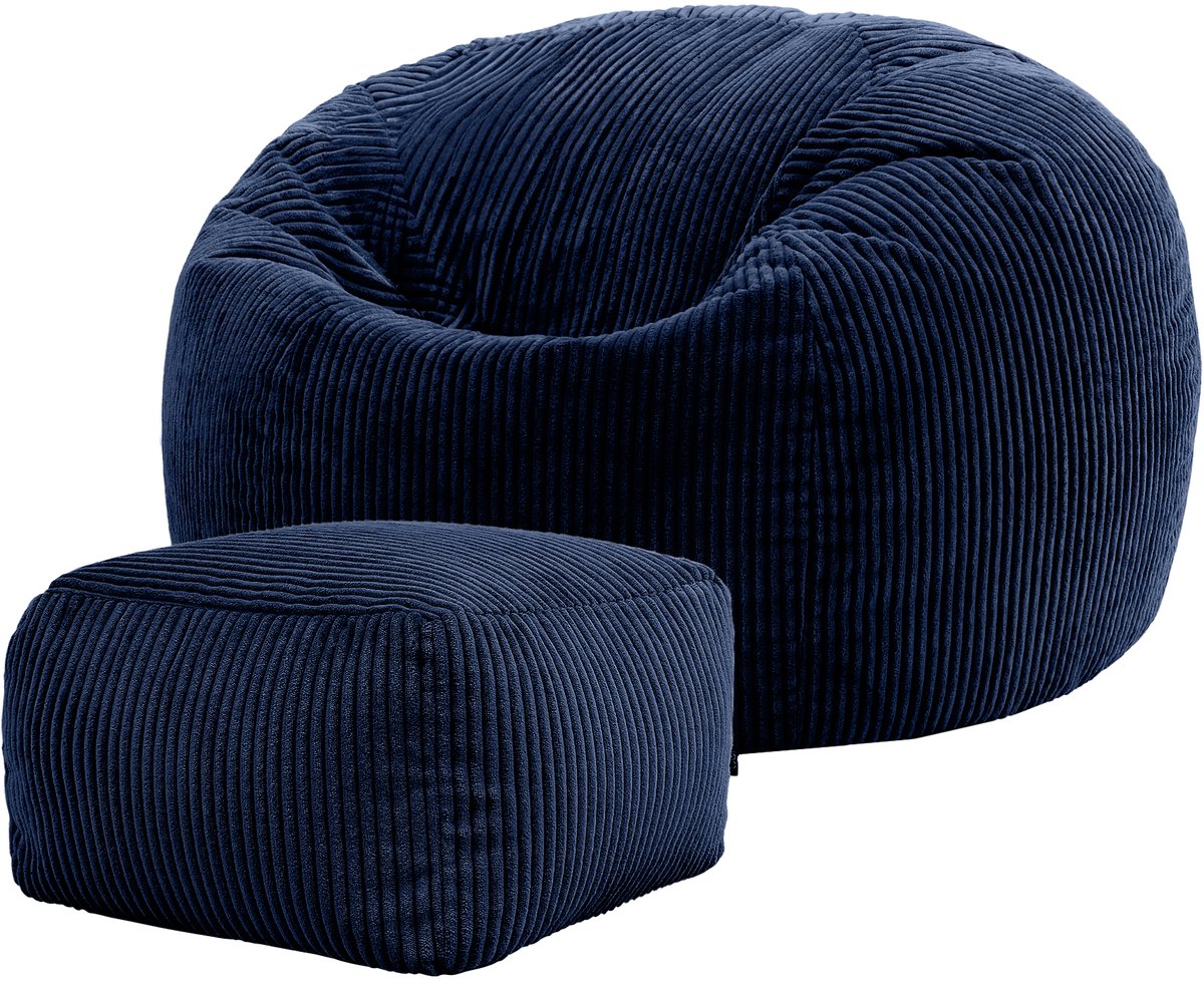 Icon Kingston Zitzak Fauteuil met Poef - Ribfluweel - Marineblauw