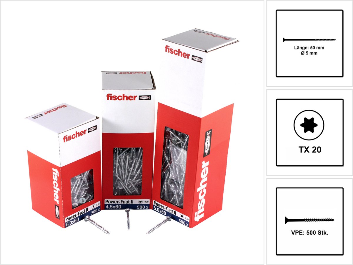 Fischer 500x Power-Fast II FPF II CTP 5 x 50 mm BC verzonken kop met binnenster TX20 deeldraad gegalvaniseerd blauw gepassiveerd - 670377