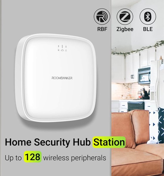 RoomBanker Smart Home Alarmsysteem - Station Kit (4G/WiFi/Internetkabel) - Met 4 bewegingssensoren, 4 magnetische antidiefstaldeursensoren, 2 sleutelhangers en 1 toetsenbord - Ondersteuning voor meerdere protocollen (RBF/Zigbee/Bluetooth).