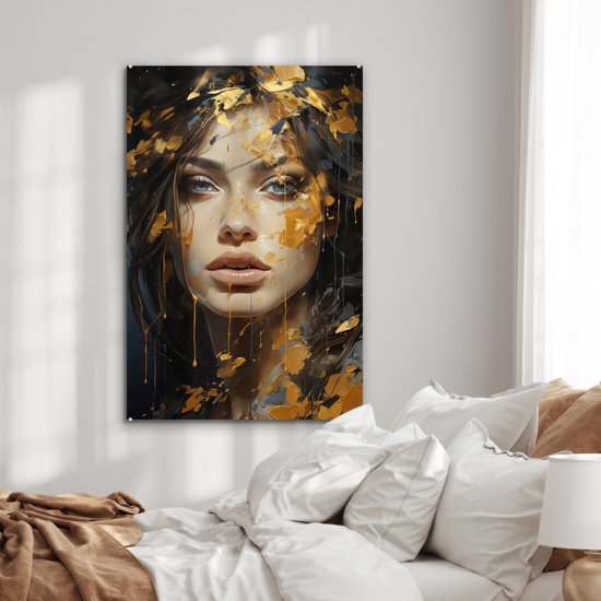 MuchoWow® Peinture sur verre 80x120 cm - Peinture sur verre - Femme - Portrait - Abstrait - Art - Or - Photo sur verre acrylique - Décoration murale murale salon - Décoration murale chambre - Peintures