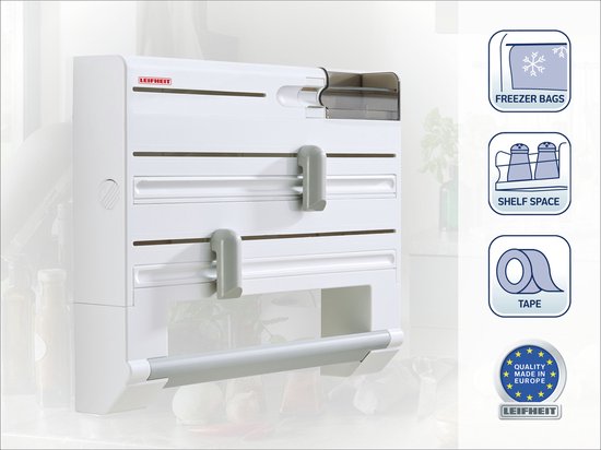 Porte-rouleau de cuisine Leifheit blanc avec étiquettes : 'SAC CONGÉLATION', 'ESPACE ÉTAGÈRE', 'RUBAN ADHÉSIF'.