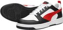 Wit-zwart-rode PUMA sneaker met zwarte zool en gedetailleerd profiel.