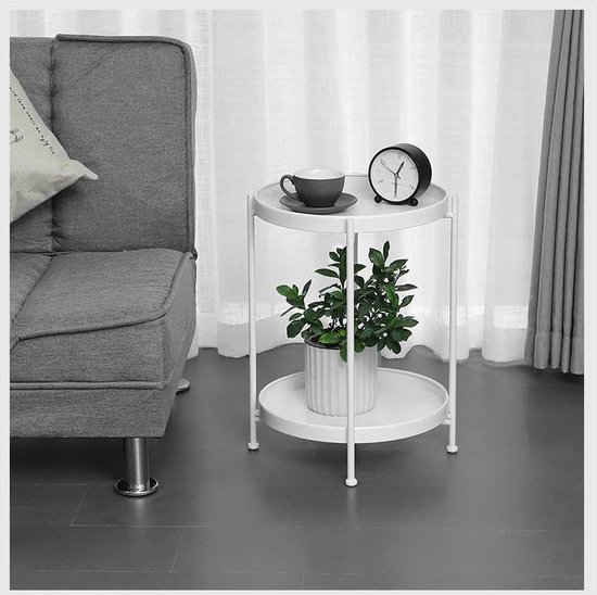 Ronde bijzettafel, 2 niveaus, bijzettafel, metalen dienblad, banktafel, meubelbijzettafel, tuinbijzettafel, diameter 36 x H51,5 cm, salontafel, nachtkastje, voor woonkamer, slaapkamer, kantoor, buiten (wit) — afbeelding 4