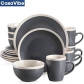 CasaVibe Luxe Serviesset – 16 delig – 4 persoons – Porselein - Bordenset – Dinner platen – Dessertborden - Kommen - Mokken - Set - Grijs - Wit