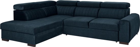 Vente-unique Grote slaapbank met hoek links in donkerblauwe stof LARICA L 275 cm x H 85 cm x D 218 cm