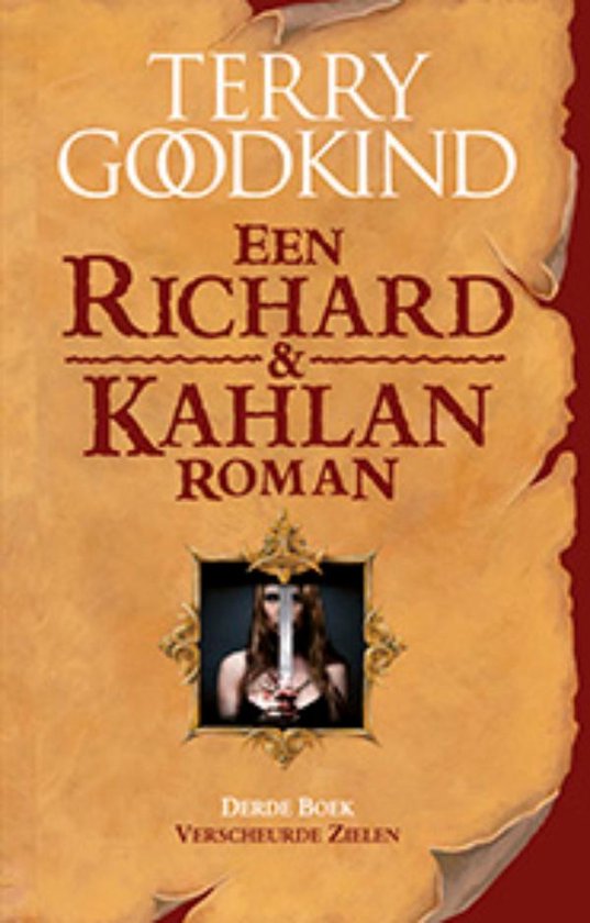 Boek 'Verscheurde Zielen' van Terry Goodkind. Een portret van een vrouw met een zwaard.