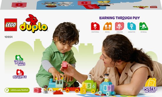 Een moeder en kind spelen met de LEGO DUPLO Getallentrein. De trein heeft nummers 1 tot 9, met DUPLO blokken in verschillende kleuren.