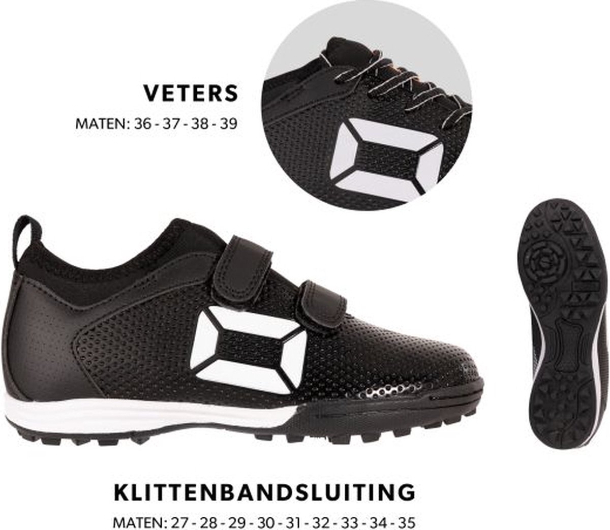 Zwarte Stanno Vulture JR TF kunstgrasschoenen, maat 39, met klittenbandsluiting en profielzool voor grip.