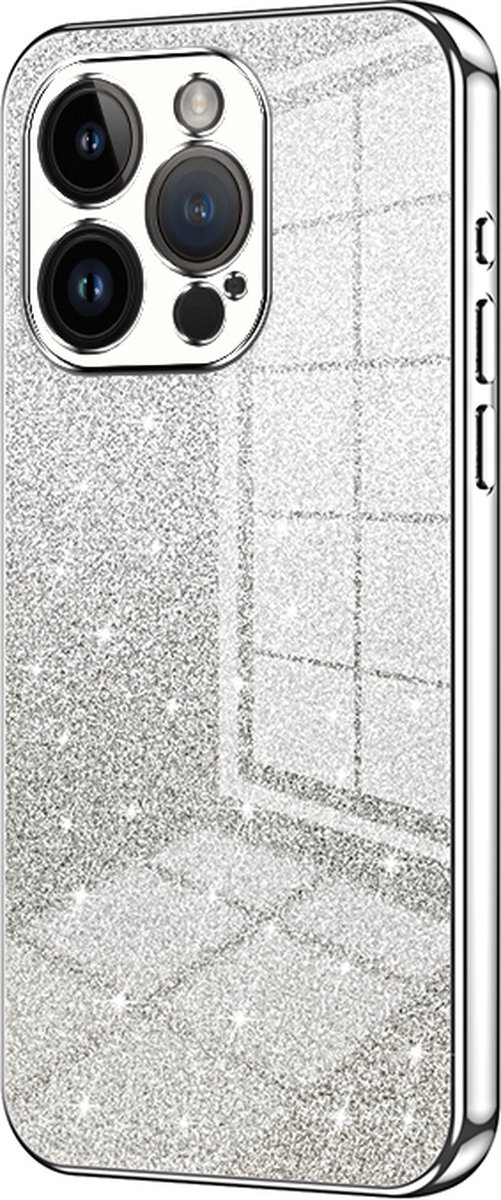 iPhone 14 Hoesje - Siliconen Glitter Case Back Cover - Magsafe Compatible - Zilver - Provium