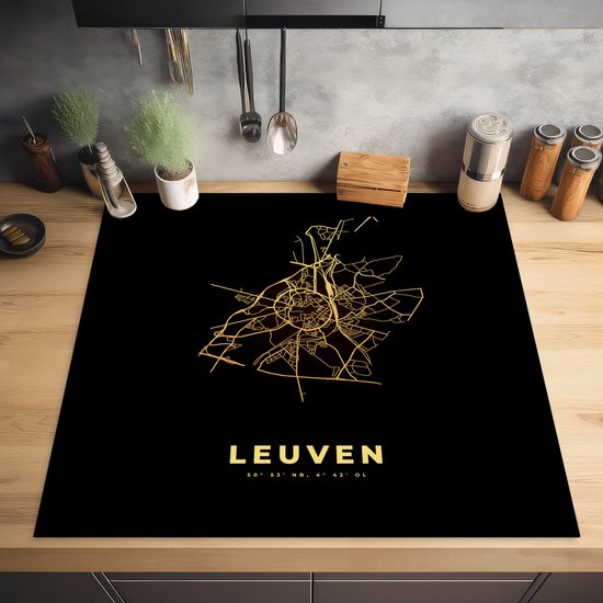 KitchenYeah® Inductie beschermer 78x78 cm - Leuven – België – Goud - Kaart - Stadskaart – Plattegrond - Kookplaataccessoires - Afdekplaat voor kookplaat - Inductiebeschermer - Inductiemat - Inductieplaat mat