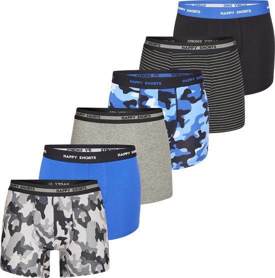 Happy Shorts Heren Boxershorts Trunks Camouflage Blauw/Grijs/Zwart 6-Pack - Maat L