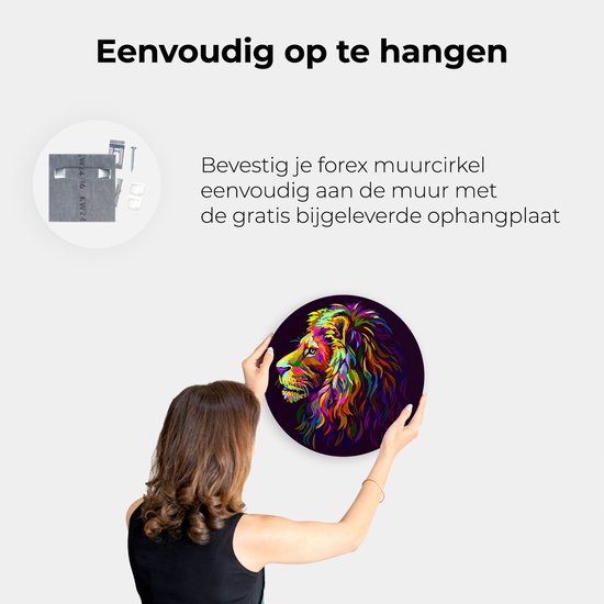 Artaza Forex Muurcirkel Gekleurde Leeuw - Leeuwenkop - Abstract - 70x70 cm - Wandcirkel - Rond Schilderij - Wanddecoratie Cirkel - Muurdecoratie