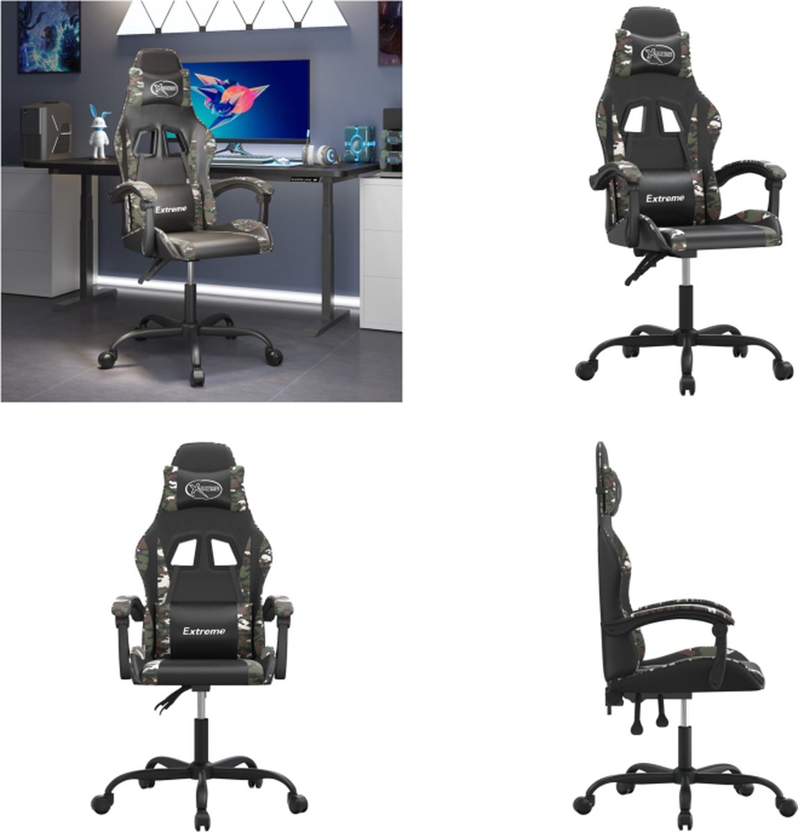 vidaXL Gamestoel draaibaar kunstleer zwart en camouflage - Gamingstoel - Gamingstoelen - Televisiestoel - Racingstoel