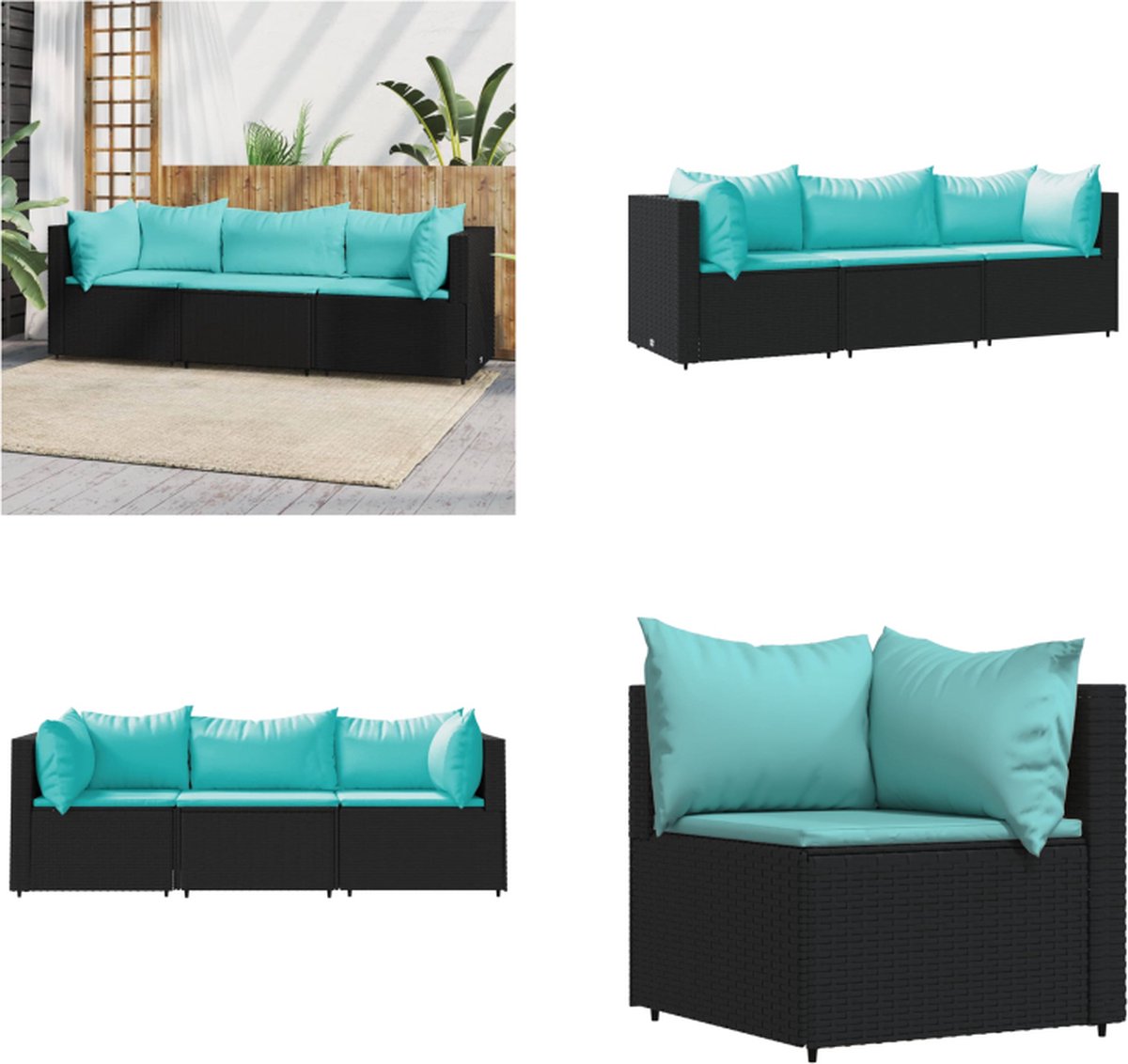vidaXL 3-delige - Loungeset - met - kussens - poly - rattan - zwart
