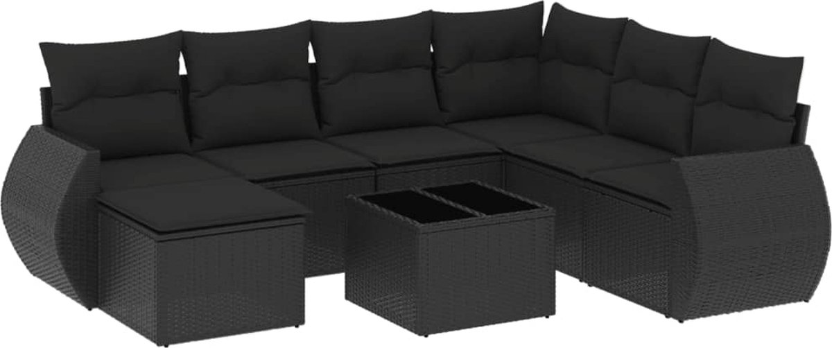 vidaXL 8-delige - Loungeset - met - kussens - poly - rattan - zwart