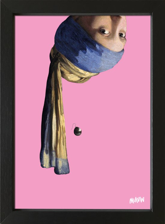 Vermeer meisje met de parel ondersteboven - popart roze in een zwart houten lijstje 15x20cm