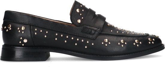 Manfield - Dames - Zwarte leren loafers met goudkleurige studs - Maat 39