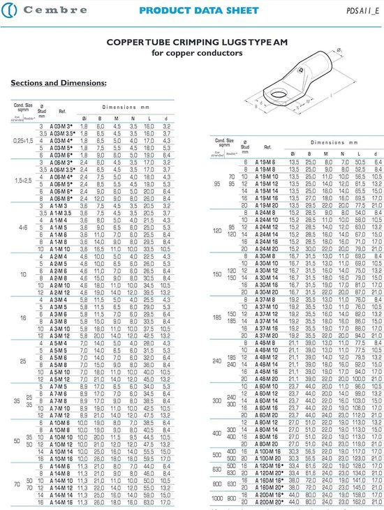 10 cosses tubulaires Cembre A10-M16 50 mm² M16 non isolées en cuivre étamé
