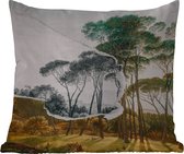 Buitenkussen - Italiaans landschap parasoldennen - Kunst - Hendrik Voogd - Schilderij - Zwart wit - Oude meesters - 45x45 cm - Weerbestendig