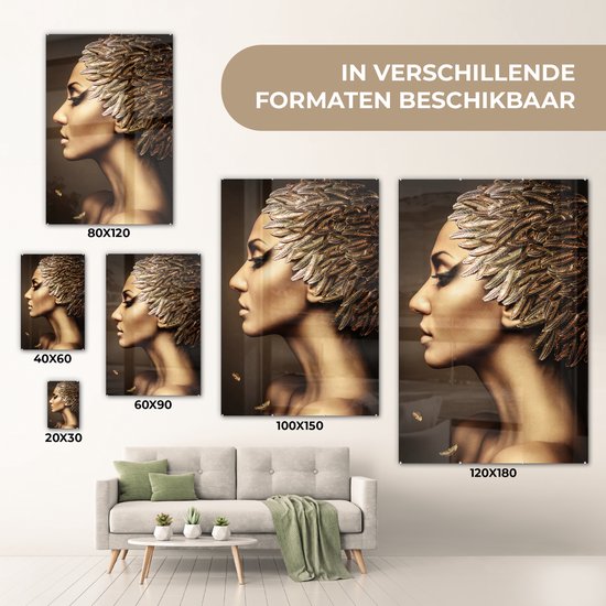 MuchoWow® Peinture sur verre 80x120 cm - Peinture sur verre - Femme - Abstrait - Or - Portrait - Photo sur verre acrylique - Décoration murale salon - Décoration murale chambre - Peintures