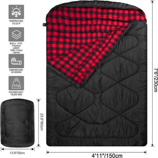 Dubbele slaapzakken van katoenflanel voor de winter, waterdichte queensize slaapzak voor 2 personen bij koud weer kamperen, backpacken of reizen, dubbele brede slaapzakken voor familie of koppels — afbeelding 3