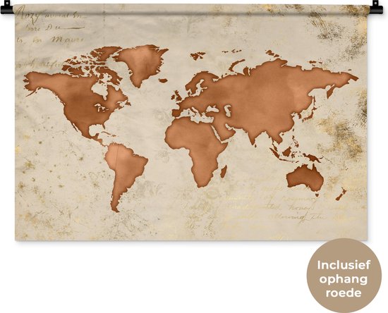 Wandkleed WereldkaartenKerst illustraties - Wereldkaart van bruine waterverf op een achtergrond met gouden vlekken en letters Wandkleed katoen 90x60 cm - Wandtapijt met foto