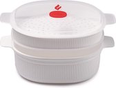 Stoomkoker voor de magnetron met 2 kookcontainers, 4 l, stoompan met zeefinzet voor magnetron 26,5 x 22 x 13,5 cm, kleur wit en rood