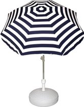 Voordelige set: blauw/wit gestreepte parasol en rotan kunststof parasolvoet wit - diameter parasol 180 cm