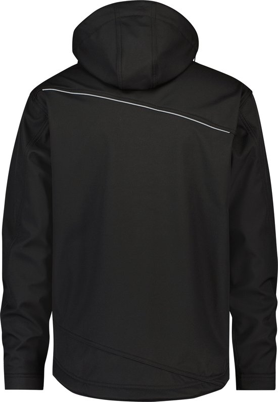 Achterkant van een zwarte DASSY softshell werkjas met capuchon en diagonale reflecterende streep.