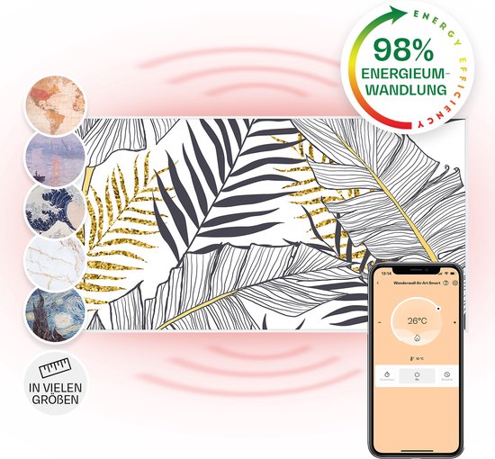 Klarstein Wonderwall Air Art Slimme Infrarood Verwarming - Warmtepaneel - 120X60 Cm - 700 W - 14 M² - Design Front - App Controle - Geruisloos - Wandmontage - Afstandsbediening - Praktisch - Thermostaat - Weektimer - Ip44 - Motief: Blad