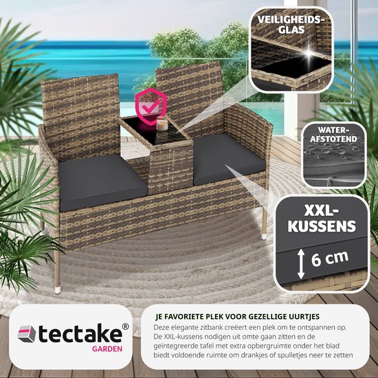 tectake® - wicker tuinbank met tafel, 2-zitsbank, 131 x 61 x 82 cm, bank voor tuinbalkon en terras, tuinbank inclusief zitkussen - natuur/donkergrijs - poly-rattan - Tectake