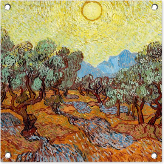 Tuinposters Olijfbomen met gele hemel en zon - Vincent van Gogh - 50x50 cm - Tuindoek - Buitenposter