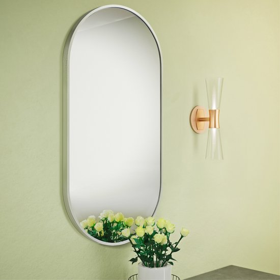 Miroir mural Navaris - Miroir mural ovale 75 x 38 cm - Cadre en aluminium argenté - Horizontal ou vertical