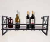 Jo-Jo Products 4U - Wijnrek - Wijnrek Muur - Zwart Metalen Frame - Houten Bodem - Met Opslag Voor Wijnlazen & Montagekit