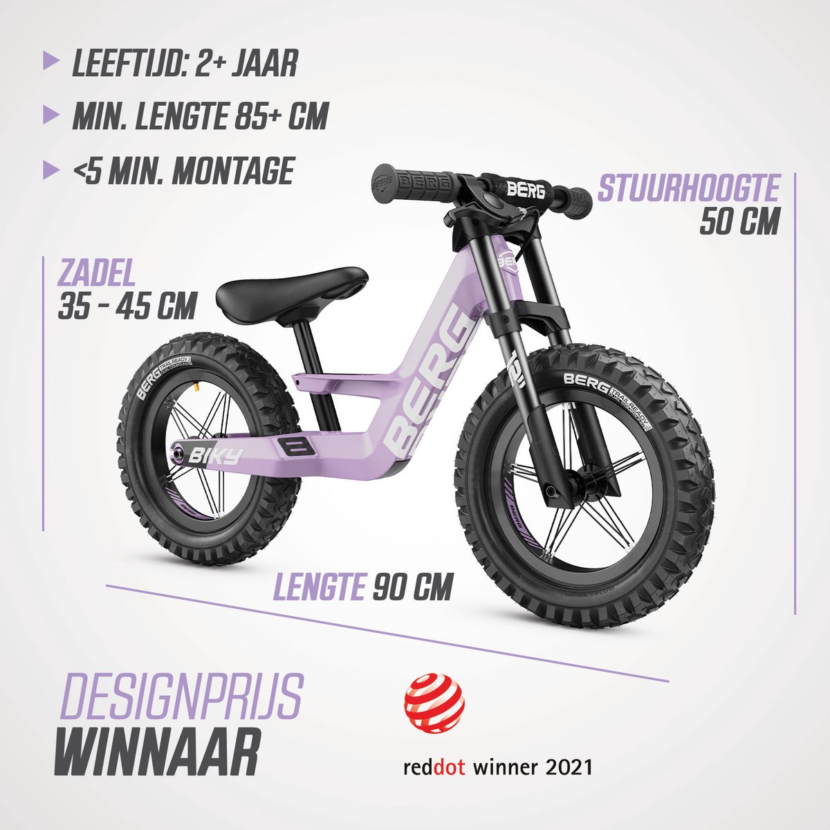 BERG Biky Cross Purple Loopfiets - 12 inch - Lichtgewicht Magnesium frame - Met Handrem - Verstelbaar Zadel - 2,5+ Jaar - Paars — afbeelding 10