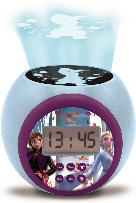 Blauwe wekker met paarse rand, met Anna & Elsa en projectie van Olaf.