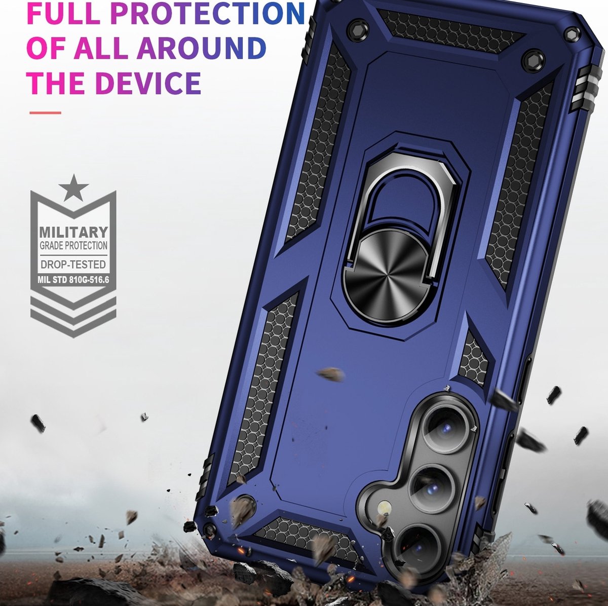 Mobigear Hoesje geschikt voor Samsung Galaxy S23 FE Telefoonhoesje Hardcase | Mobigear Armor Ring Backcover Shockproof met Ringhouder | Schokbestendig Galaxy S23 FE Telefoonhoesje | Anti Shock Proof - Blauw