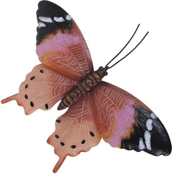 Tuin/schutting decoratie roestbruin/roze vlinder 44 cm - Tuin/schutting/schuur versiering/docoratie - Metalen vlinders