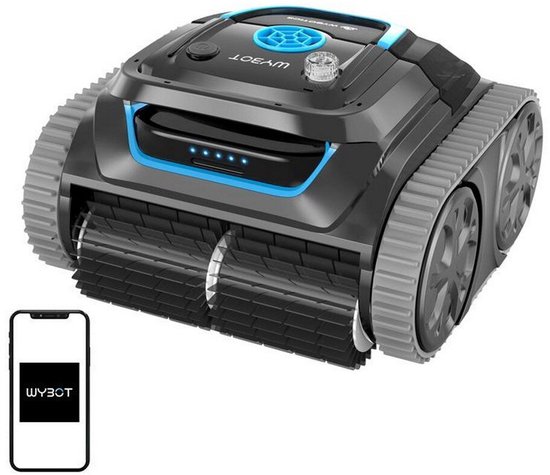 Zwarte en blauwe Wybot zwembadrobot met twee borstels aan de voorkant, grote grijze rupsbanden en een smartphone-icoon ernaast.