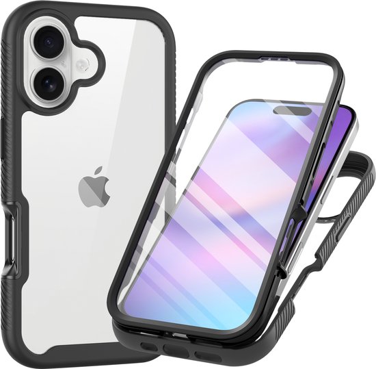 Een telefoon met een transparant hoesje en zwarte randen, met een Apple logo op de achterkant. Een ander hoesje ligt ernaast.