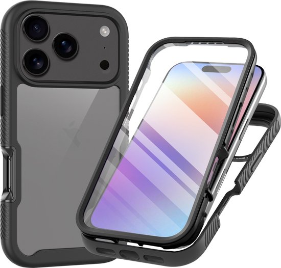 Zwarte 360 graden beschermhoes voor iPhone, bestaande uit een doorzichtig achterpaneel en een zwart frame.