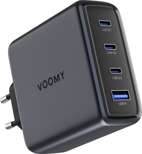 Voomy USB C Adapter 140W - Oplader - Snellader - USB C Lader - Universeel - 2 USB C & 1 USB A Poort - Geschikt voor Laptop, telefoon, tablets en meer - Space Grey